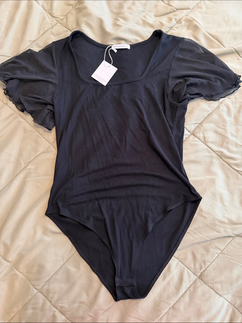 MangoPop Black Scoop Neck Short Sleeve Bodysuit Large NWT
